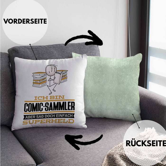 Comic-Sammler Geschenk Kissen mit Füllung 40x40 Ich Bin Comic-Sammler Aber Sag Doch Einfach Superheld Lustige Geschenkdiee für Comic-Sammler (Grau) Grün Trendation
