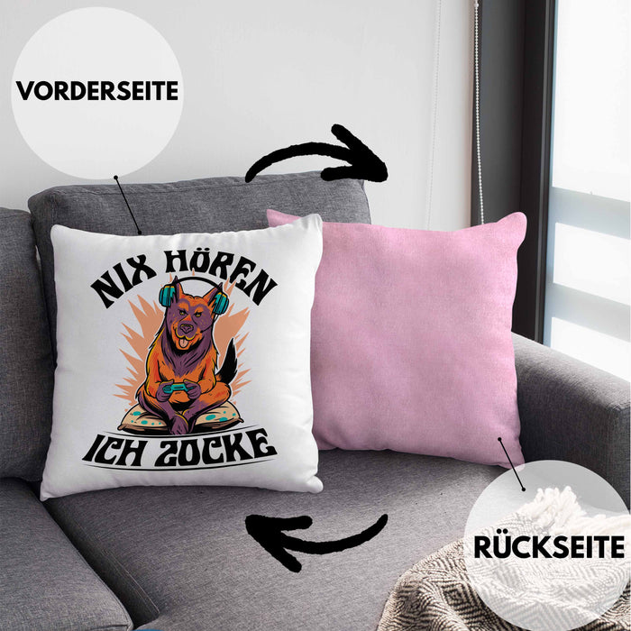 Zocker Geschenk Kissen mit Füllung 40x40 Nix Hören ich Zocke Jungs Jungen Geschenkidee zum Zocken (Grau) Rosa Trendation