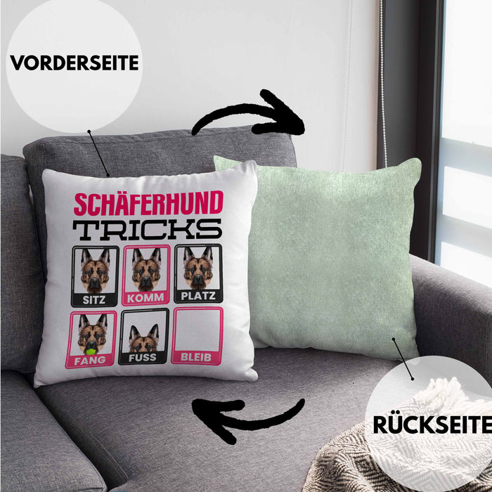 Schäferhund Besitzer Kissen mit Füllung 40x40 Geschenk Lustiger Spruch Geschenkidee Schäferhund Tricks Bleib (Grau) Grün Trendation