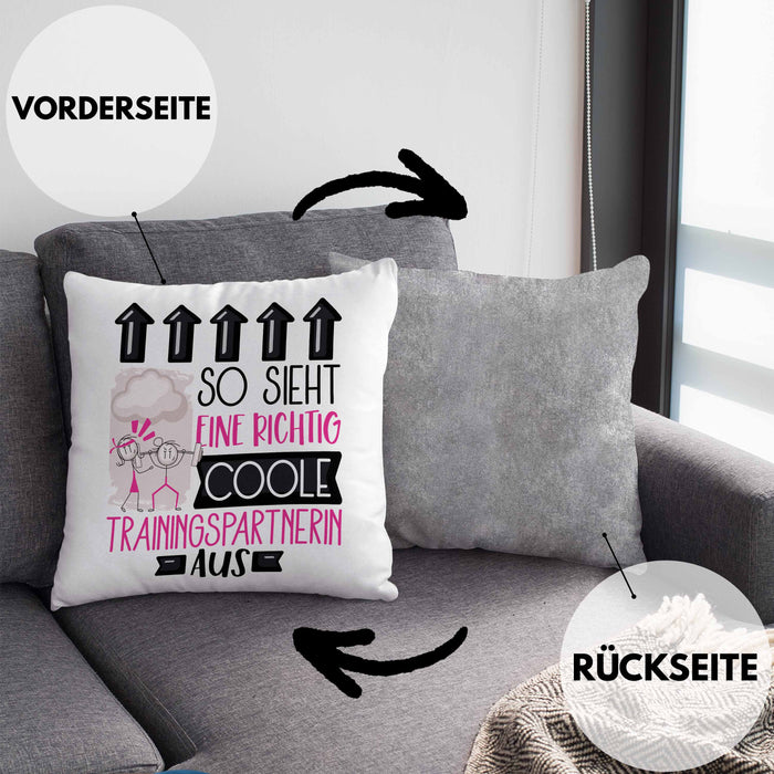 Trainingspartnerin Geschenk Kissen mit Füllung 40x40 Lustig Geschenkidee für Trainingspartnerin Geburtstag So Sieht Eine Richtig Coole Trainingspartnerin Aus Frauen Spruch (Grau) Grau Trendation