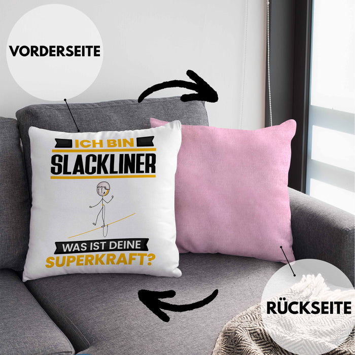 Slackliner Kissen mit Füllung 40x40 Geschenk für Slackliner Geburtstag Lustiger Spruch Was Ist Deine Superkraft (Grau) Rosa Trendation