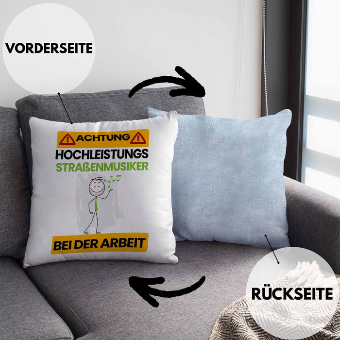 Straßenmusiker Kissen mit Füllung 40x40 Geschenk Lustiger Spruch Geschenkidee für Straßenmusiker Achtung Hochleistungs Straßenmusiker Bei Der Arbeit (Grau) Blau Trendation
