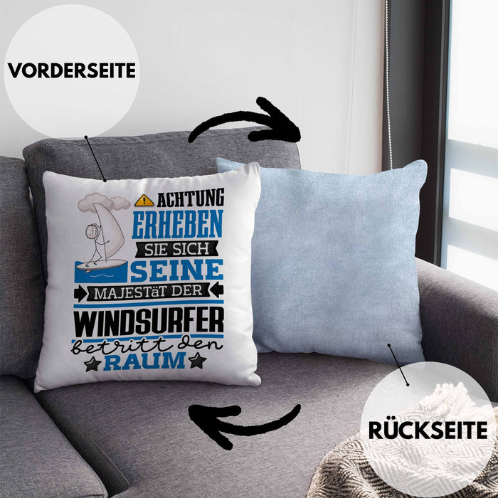 Windsurfer Geschenk Kissen mit Füllung 40x40 Lustiger Spruch Erheben Sie Sich Der Windsurfer Betritt den Raum (Grau) Blau Trendation