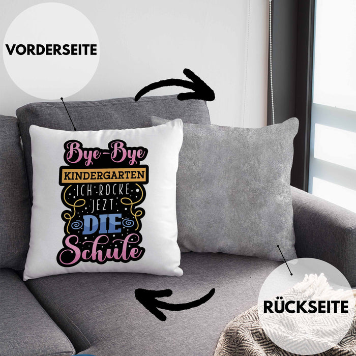 Einschulung Kissen mit Füllung 40x40 "Bye-Bye Kindergarten, Ich rocke jetzt die Schule" Geschenk für Schulanfänger (Grau) Grau Trendation