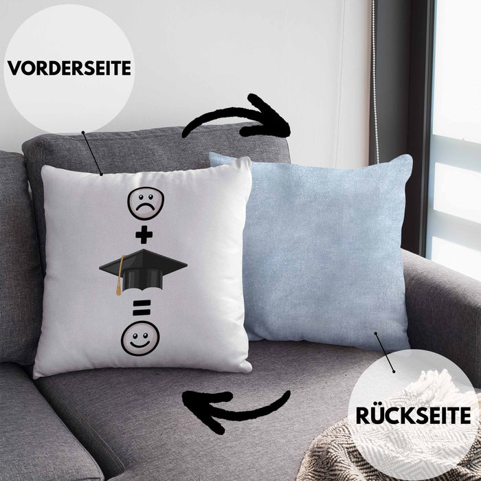 Abschluss Kissen mit Füllung 40x40 Geschenk für Bestandene Prüfung Abitur Bacherlor Master Lustige Geschenkidee :( + Abschluss = :) Geburtstag (Grau) Blau Trendation
