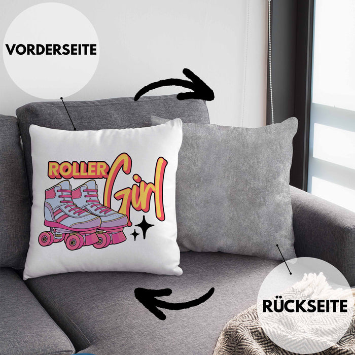 Lustige Rollschuh Kissen mit Füllung 40x40 Geschenk für Roller Girls "Roller Girl" Nostalgie 80er 90er Jahre (Grau) Grau Trendation