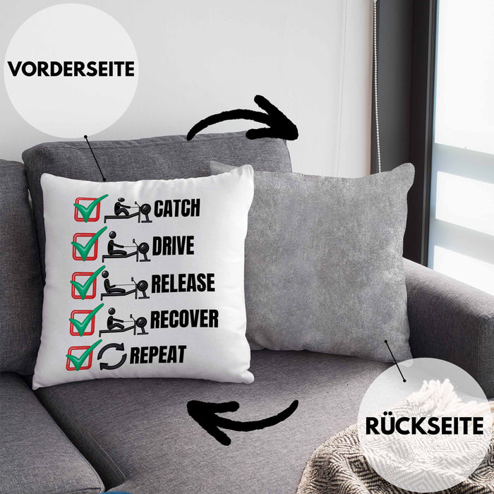 Rudern Kissen mit Füllung 40x40 Geschenk Ruderer Rudergerät Catch Drive Release Recover Repeat Ruder-Verein Geschenkidee (Grau) Grau Trendation