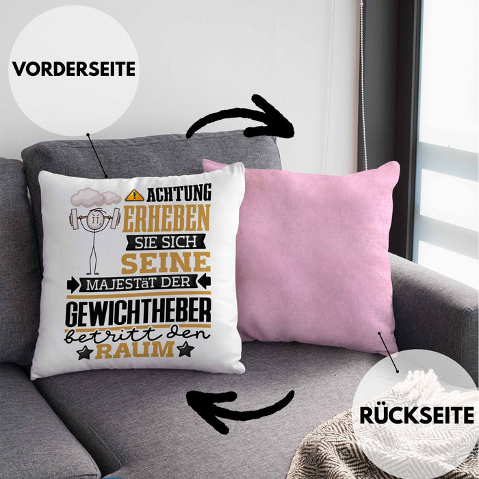 Gewichtheber Geschenk Kissen mit Füllung 40x40 Lustiger Spruch Erheben Sie Sich Der Gewichtheber Betritt den Raum (Grau) Rosa Trendation