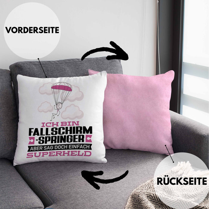 Fallschirmspringer Geschenk Kissen mit Füllung 40x40 Ich Bin Fallschirmspringer Aber Sag Doch Einfach Superheld Lustige Geschenkdiee für Fallschirmspringer (Grau) Rosa Trendation
