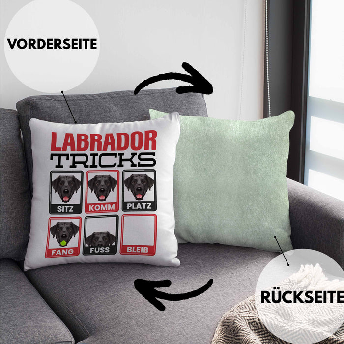 Labrador Besitzer Kissen mit Füllung 40x40 Geschenk Lustiger Spruch Geschenkidee Labrador Tricks Bleib (Grau) Grün Trendation