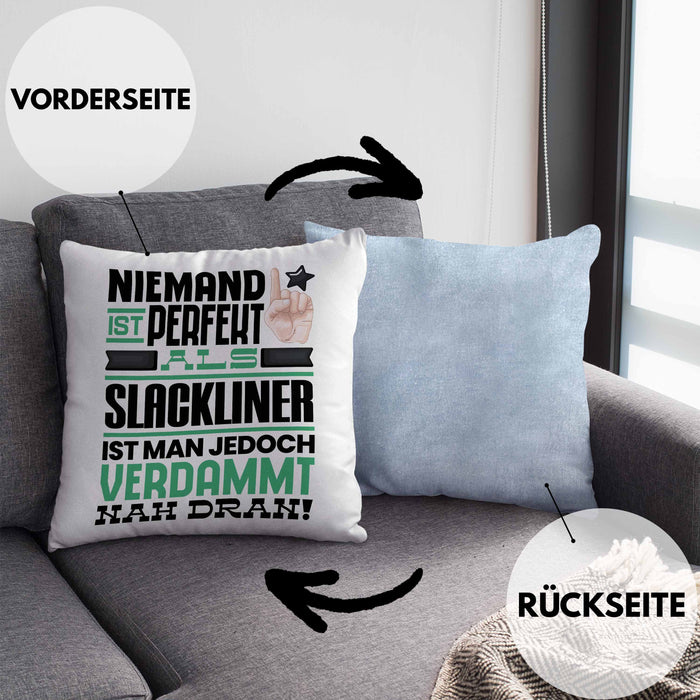Slackliner Geschenk Kissen mit Füllung 40x40 Lustige Geschenkidee für Slackliner Geburtstag Niemand Ist Perfekt Aber Als Slackliner Ist Man Nah Dran (Grau) Blau Trendation