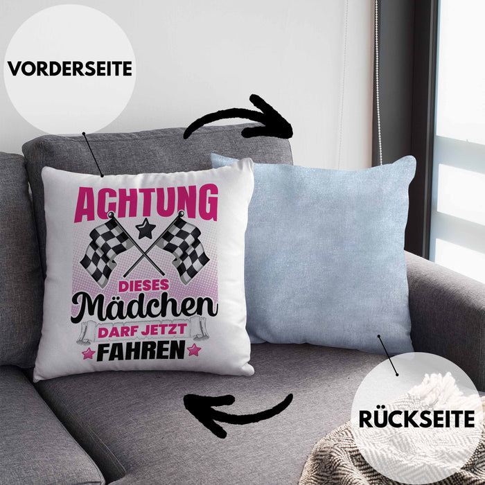 Führerschein Bestanden Geschenk Kissen mit Füllung 40x40 Bestandener Führerschein Achtung Dieses Mädchen Darf Jetzt Fahren Fahrschule (Grau) Blau Trendation