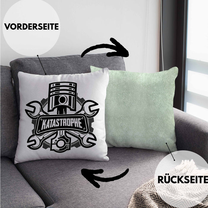 KFZ Mechaniker Kissen mit Füllung 40x40 Geschenk Spruch Männer KFZ Mechatroniker Geschenkidee Werkstatt Katastrophe (Grau) Grün Trendation