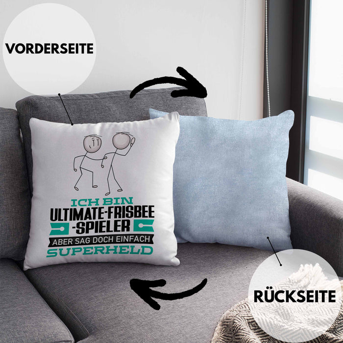 Ultimate-Frisbee-Spieler Geschenk Kissen mit Füllung 40x40 Ich Bin Ultimate-Frisbee-Spieler Aber Sag Doch Einfach Superheld Lustige Geschenkdiee für Ultimate-Frisbee-Spieler (Grau) Blau Trendation