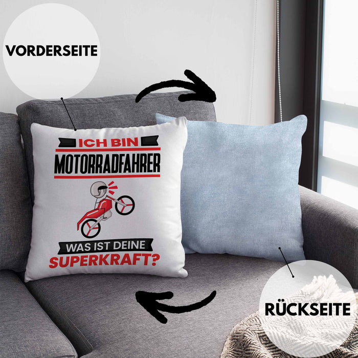 Motorradfahrer Kissen mit Füllung 40x40 Geschenk für Motorradfahrer Geburtstag Lustiger Spruch Was Ist Deine Superkraft (Grau) Blau Trendation