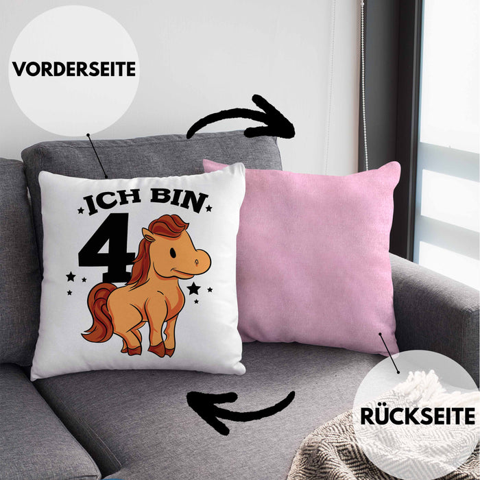 Lustige Kissen mit Füllung 40x40 4. Geburtstag für Mädchen Pferde-Motiv Pferdefans Reiterin (Grau) Rosa Trendation
