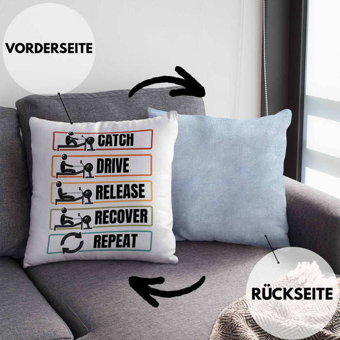 Rudern Kissen mit Füllung 40x40 Geschenk Catch Drive Release Recover Repeat Geschenkidee Ruderer (Grau) Blau Trendation