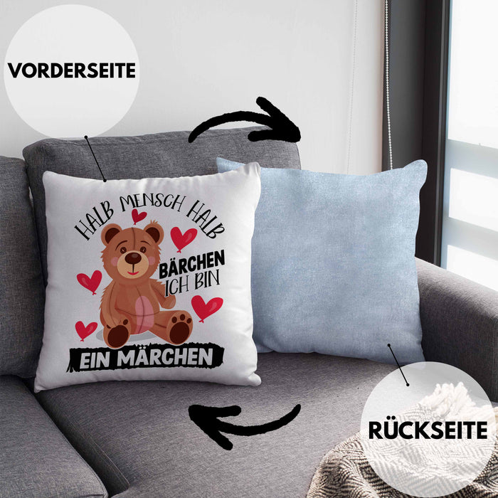 Kuscheln Geschenk Kissen mit Füllung 40x40 Teddy Halb Mensch Halb Bärchen Ich Bin Ein Märchen Geschenkidee (Grau) Blau Trendation