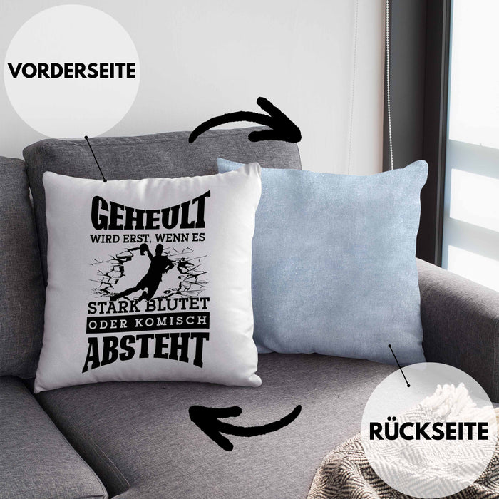 Lustige Kissen mit Füllung 40x40 Handball-Spieler als Geschenkidee Spruch Geschenk Handballspieler Trainer Coach (Grau) Blau Trendation