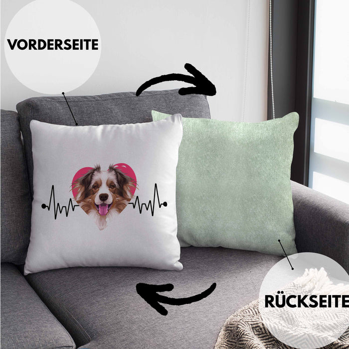 Australian Shepherd Besitzer Kissen mit Füllung 40x40 Geschenk Lustiger Spruch Geschenkidee Herzschlag Australian Shepherd (Grau) Grün Trendation