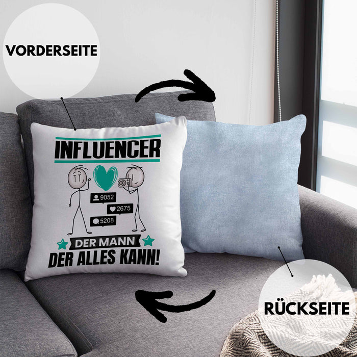 Influencer Kissen mit Füllung 40x40 Geschenk für Influencer Der Mann Der Alles Kann Geschenkidee zum Geburtstag (Grau) Blau Trendation