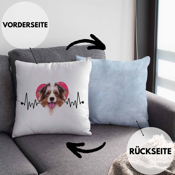 Australian Shepherd Besitzer Kissen mit Füllung 40x40 Geschenk Lustiger Spruch Geschenkidee Herzschlag Australian Shepherd (Grau) Blau Trendation