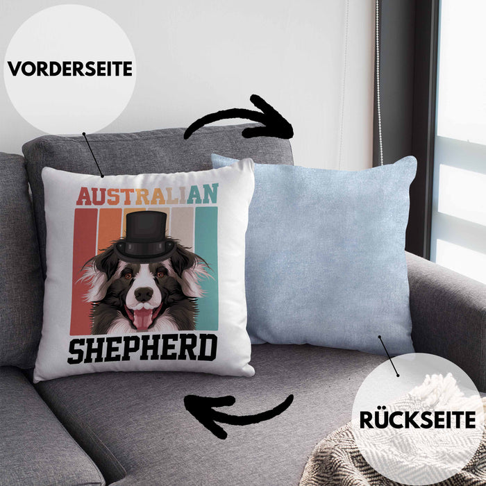 Australian Shepherd Besitzer Kissen mit Füllung 40x40 Geschenk Lustiger Spruch Geschenkidee Retro Vinatge Australian Shepherd (Grau) Blau Trendation