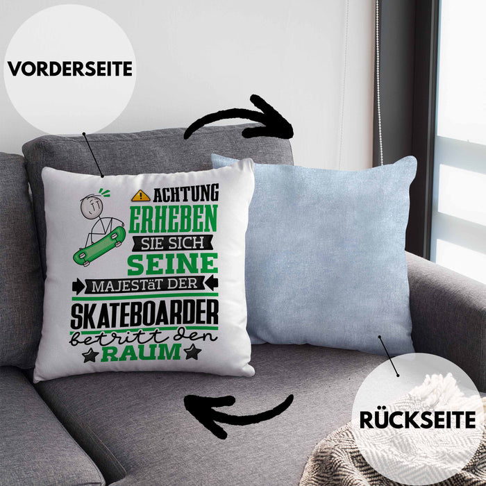 Skateboarder Geschenk Kissen mit Füllung 40x40 Lustiger Spruch Erheben Sie Sich Der Skateboarder Betritt den Raum (Grau) Blau Trendation
