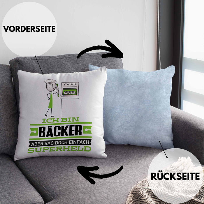 Bäcker Geschenk Kissen mit Füllung 40x40 Ich Bin Bäcker Aber Sag Doch Einfach Superheld Lustige Geschenkdiee für Bäcker (Grau) Blau Trendation