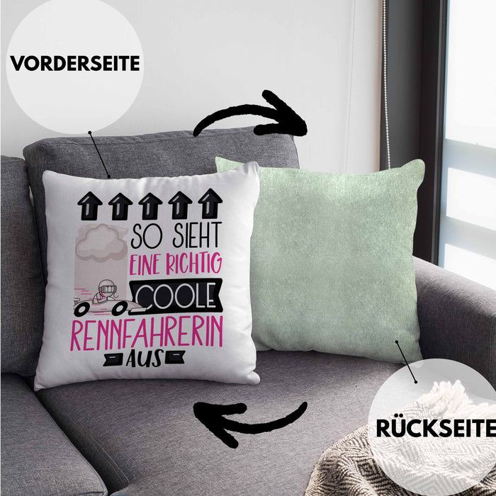 Rennfahrerin Geschenk Kissen mit Füllung 40x40 Lustig Geschenkidee für Rennfahrerin Geburtstag So Sieht Eine Richtig Coole Rennfahrerin Aus Frauen Spruch (Grau) Grün Trendation