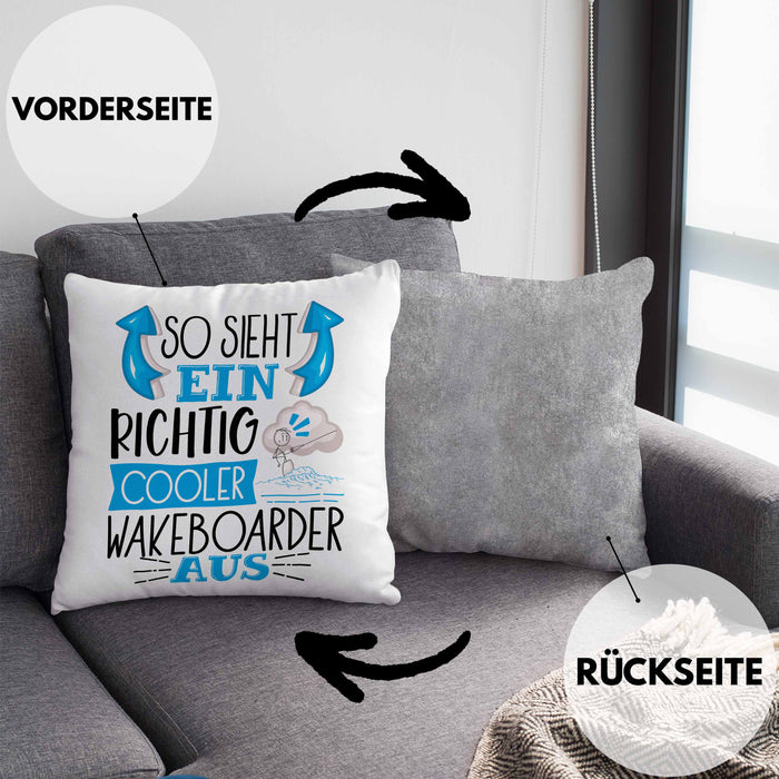 So Sieht Ein Richtig Cooler Wakeboarder Aus Geschenk Kissen mit Füllung 40x40 Lustiger Spruch Geschenkidee (Grau) Grau Trendation
