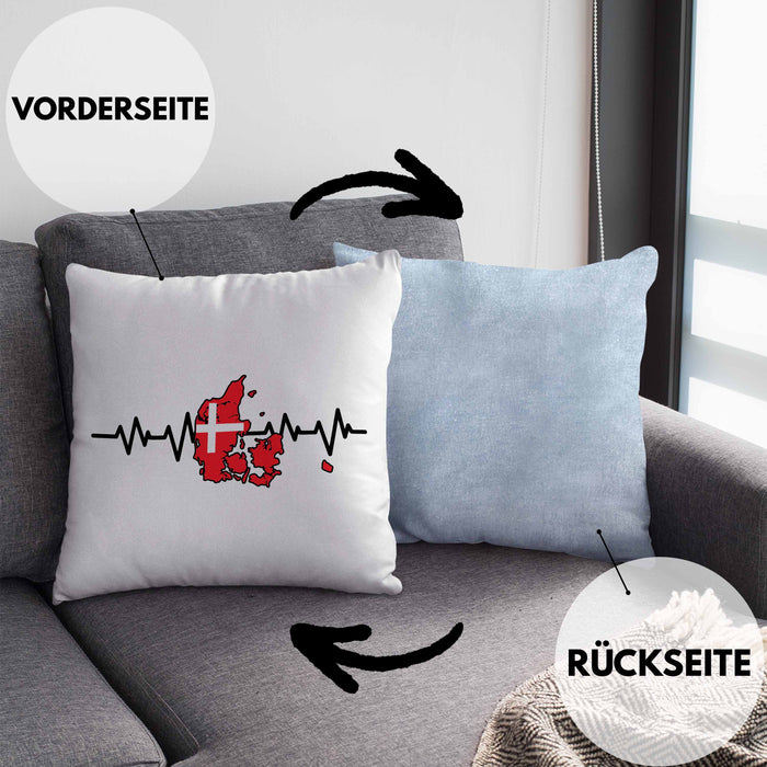 Dänische Flagge Geschenk Kissen mit Füllung 40x40 Herzschlag Dänemark Urlau Geschenkidee (Grau) Blau Trendation