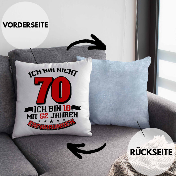 Kissen mit Füllung 40x40 70. Geburtstag Geschenkidee für Männer Frauen Spruch 70 Jahre 18 mit 52 Jahre Erfahrungen (Grau) Blau Trendation
