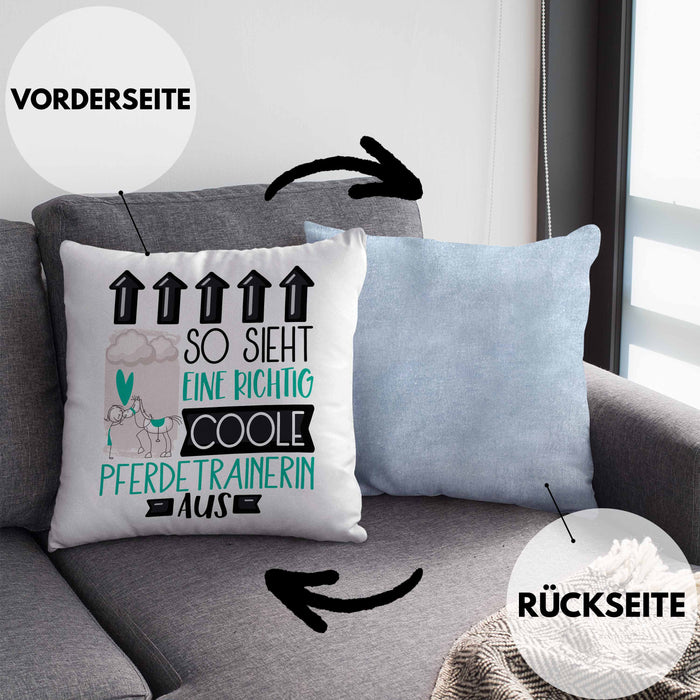 Pferdetrainerin Geschenk Kissen mit Füllung 40x40 Lustig Geschenkidee für Pferdetrainerin Geburtstag So Sieht Eine Richtig Coole Pferdetrainerin Aus Frauen Spruch (Grau) Blau Trendation