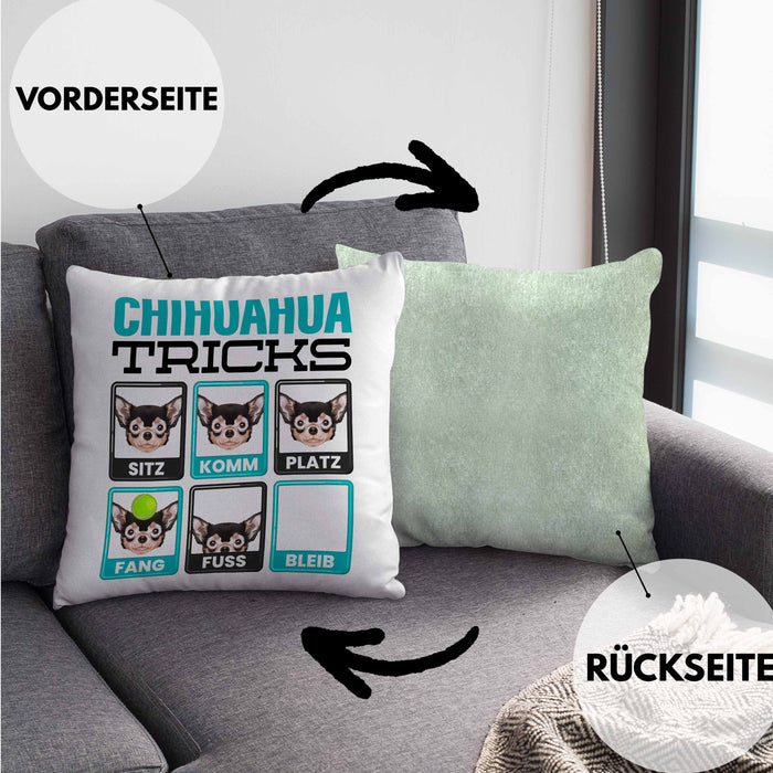 Chihuahua Besitzer Kissen mit Füllung 40x40 Geschenk Lustiger Spruch Geschenkidee Chihuahua Tricks Bleib (Grau) Grün Trendation