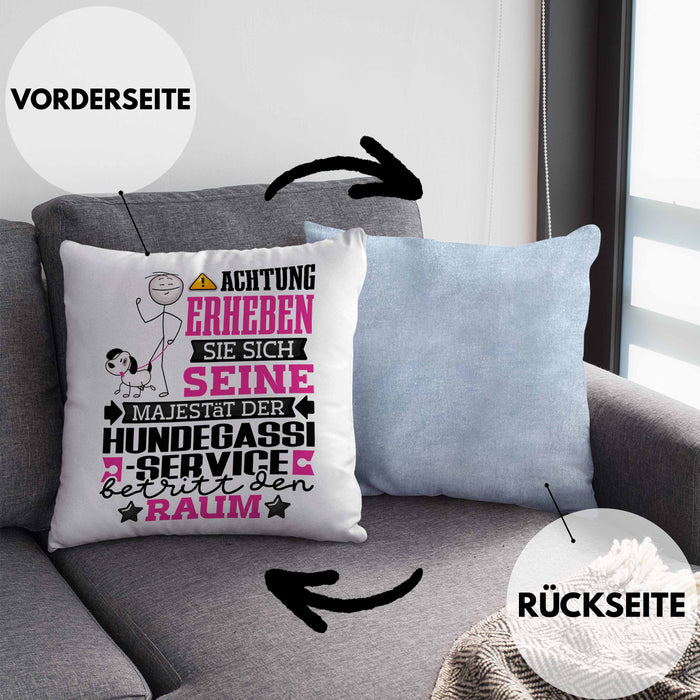 Hundegassi-Service Geschenk Kissen mit Füllung 40x40 Lustiger Spruch Erheben Sie Sich Der Hundegassi-Service Betritt den Raum (Grau) Blau Trendation