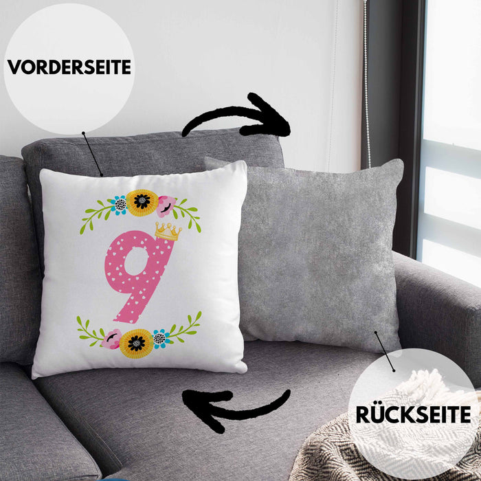 9. Geburtstag Mädchen Kissen mit Füllung 40x40 Geschenk zum Neunten Geburtsagsparty Grafik Krone 9 Jahre Alt (Grau) Grau Trendation