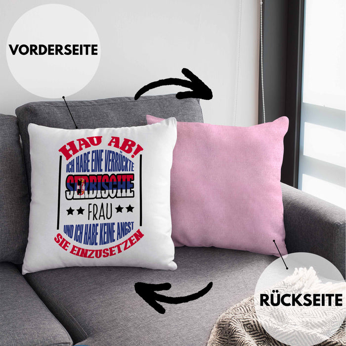 Lustige Serbe Kissen mit Füllung 40x40 Geschenk für Serbien-Liebhaber "Ich Habe Eine Serbische Frau" (Grau) Rosa Trendation
