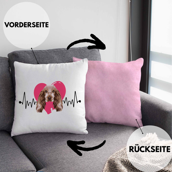 Cocker Spaniel Besitzer Kissen mit Füllung 40x40 Geschenk Lustiger Spruch Geschenkidee Herzschlag Cocker Spaniel (Grau) Rosa Trendation