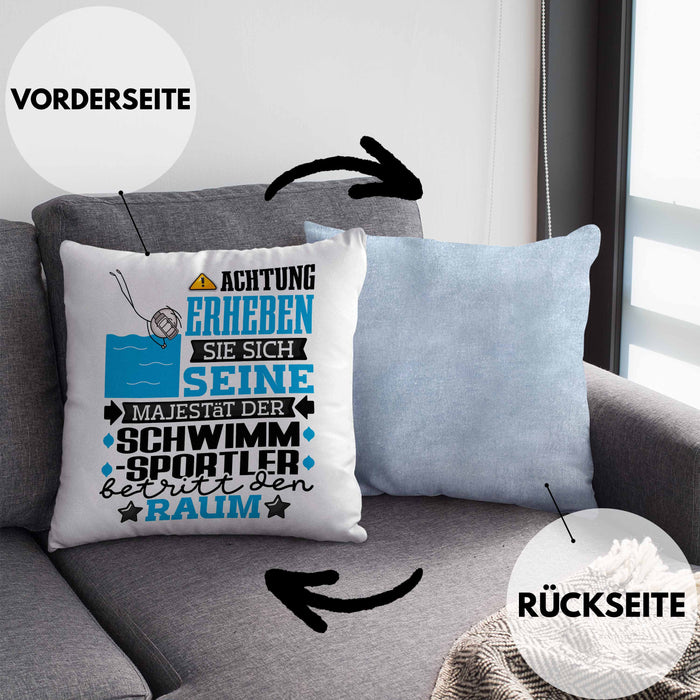 Schwimmsportler Geschenk Kissen mit Füllung 40x40 Lustiger Spruch Erheben Sie Sich Der Schwimmsportler Betritt den Raum (Grau) Blau Trendation