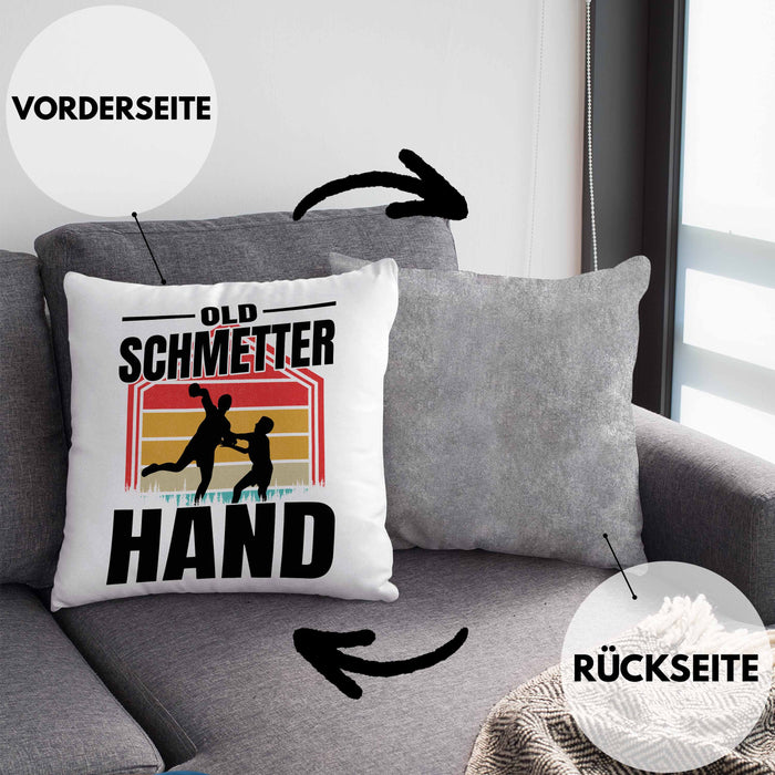 Handball Geschenk Kissen mit Füllung 40x40 Geschenkidee Handball-Spieler Handballspielerin Mädchen Jungs Old Schmetterhand (Grau) Grau Trendation