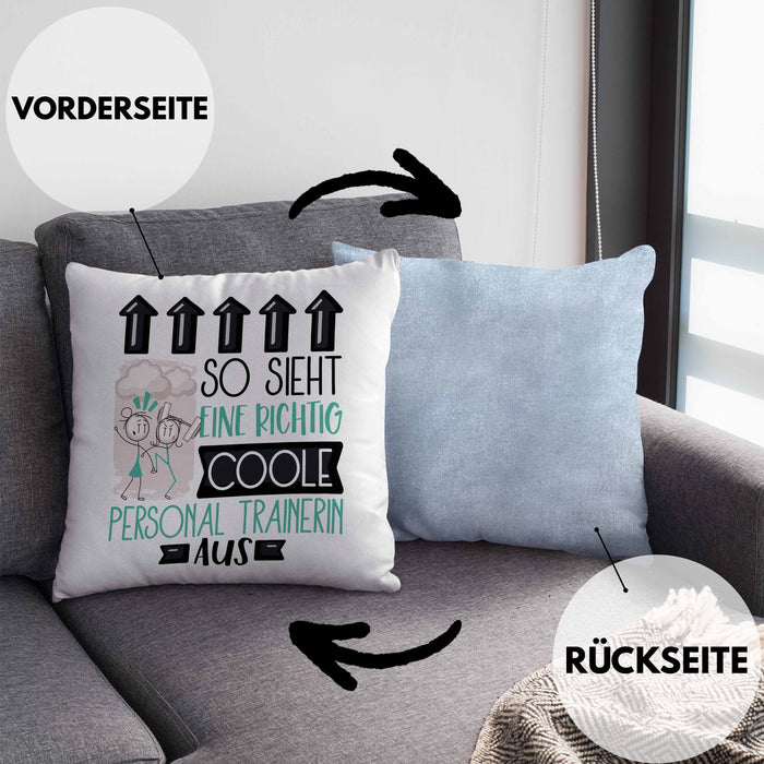Personal Trainerin Geschenk Kissen mit Füllung 40x40 Lustig Geschenkidee für Personal Trainerin Geburtstag So Sieht Eine Richtig Coole Personal Trainerin Aus Frauen Spruch (Grau) Blau Trendation