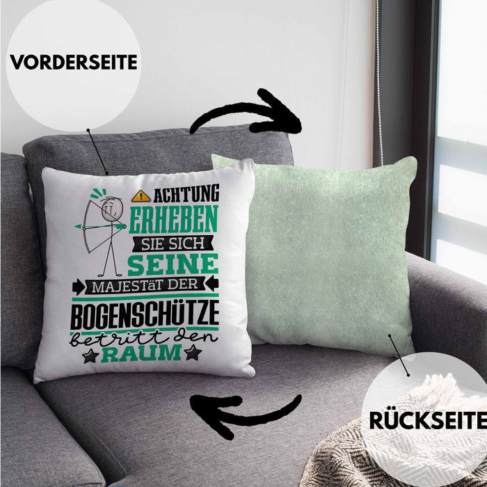 Bogenschütze Geschenk Kissen mit Füllung 40x40 Lustiger Spruch Erheben Sie Sich Der Bogenschütze Betritt den Raum (Grau) Grün Trendation