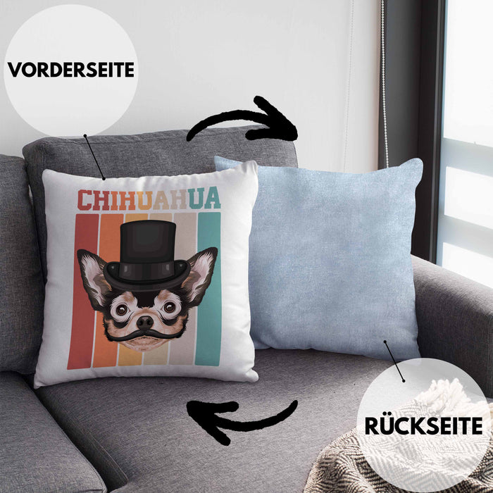 Chihuahua Besitzer Kissen mit Füllung 40x40 Geschenk Lustiger Spruch Geschenkidee Retro Vinatge Chihuahua (Grau) Blau Trendation