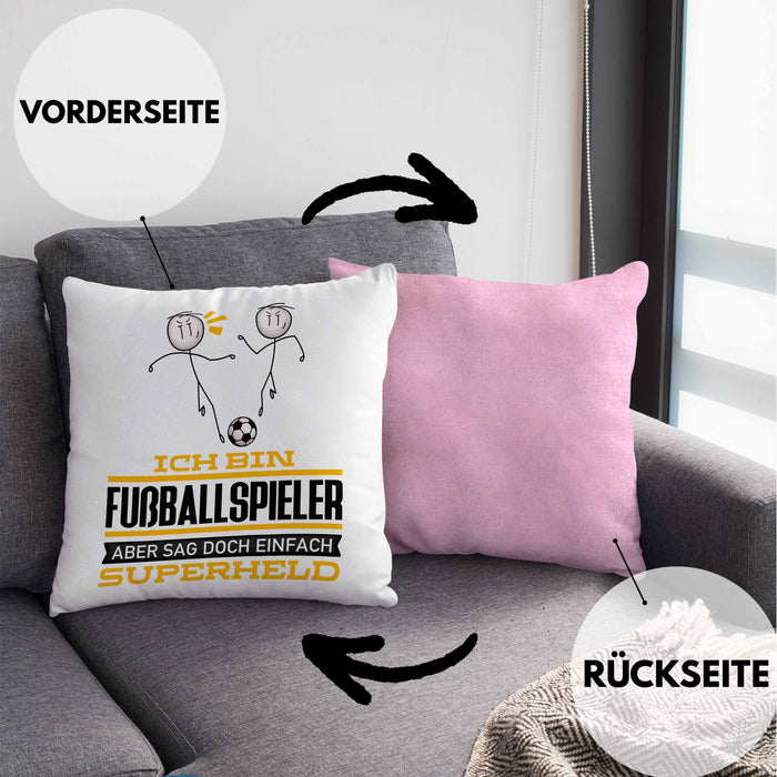 Fußballspieler Geschenk Kissen mit Füllung 40x40 Ich Bin Fußballspieler Aber Sag Doch Einfach Superheld Lustige Geschenkdiee für Fußballspieler (Grau) Rosa Trendation