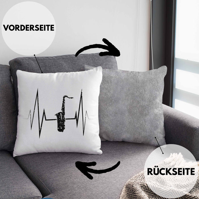Saxophon Kissen mit Füllung 40x40 Geschenk Herzschlag Saxophonist Kaffee Geschenkidee Lustig (Grau) Grau Trendation