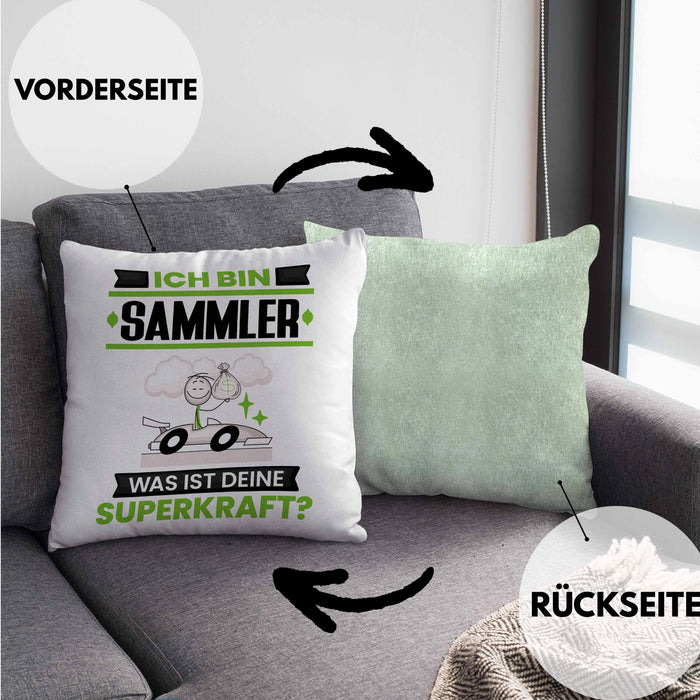 Sammler Kissen mit Füllung 40x40 Geschenk für Sammler Geburtstag Lustiger Spruch Was Ist Deine Superkraft (Grau) Grün Trendation