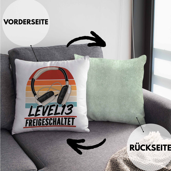 13. Geburtstag Kissen mit Füllung 40x40 Jungs Gaming Official Teenager 13er Geburtstag Geschenkidee Level 13 Freigeschaltet (Grau) Grün Trendation