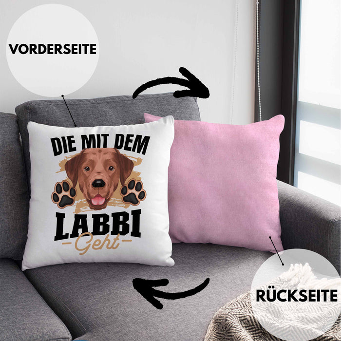 Die Mit Dem Labbi Geht Kissen mit Füllung 40x40 Gassi Gehen Labrador Besitzerin Geschenkidee Frauchen Geschenk (Grau) Rosa Trendation