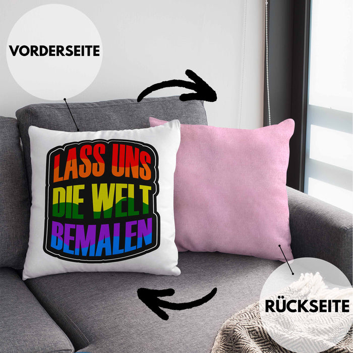Geschenkidee LGBT Kissen mit Füllung 40x40 "Lass uns die Welt Bemalen" Regenbogenfarben (Grau) Rosa Trendation